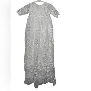 White Elegant Lace‎ Christening Gown Long Sleeve Zip Back Cotton Lining SZ 4-6M